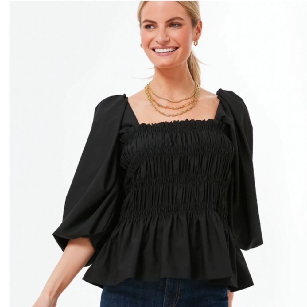 Pomander Place Black Smocked Square-Neck Peplum Blouse